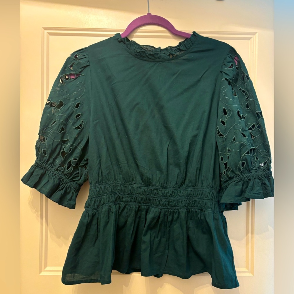 Emerald Green Blouse with Eyelet Detail on Sleeves